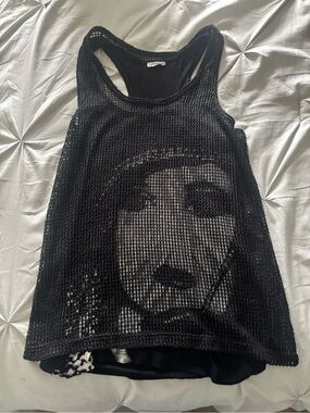 Black Mesh Graphic Tank with Portrait